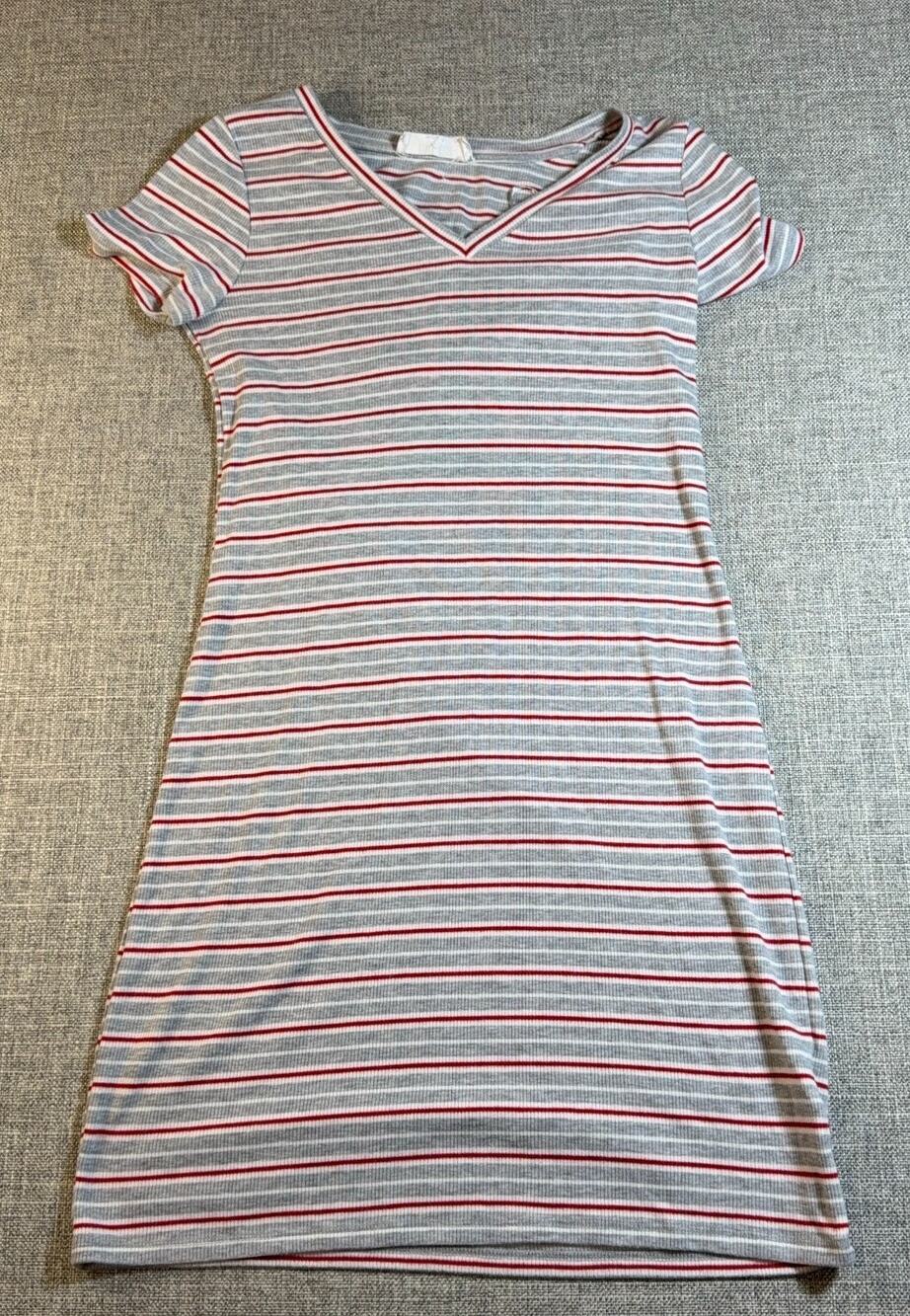 Pink Rose Striped Ribbed Mini Dress Gray Red White V Neck Short Sleeve Y2K